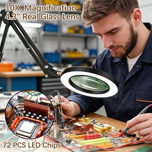 10X Magnifying Glass with Light and Clamp, Magnifier with Light Hands Free3 Color Modes Stepless Dimmable, 72 LEDs Real Glass Lens Magnifying Lamp for Close Work, Repair, Reading, Craft