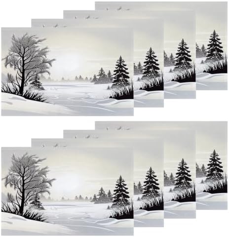 Shrahala Winter Landscape Set of 8 12 X 18 Inch Linen Placemats, Grey and White Snow Fields Burlap Table Mat Washable Double Layered Heat Insulation for Indoor
