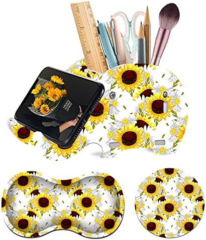 Cute Desk Accessories Set, Wooden Plastic Elephant Pen Pencil Holder Office Desk Decor Supplies Organizer, Multi-Function Phone Bracket Stand, Wrist Support Pad & Cup Coaster, Bright Sunflower