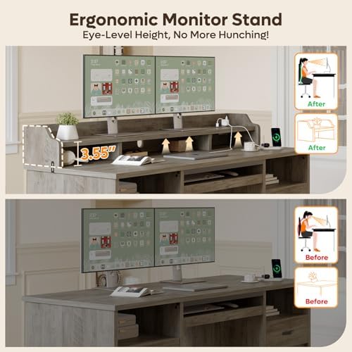 Bestier 59" Executive Desk with Charging Station & Monitor Stand, Grey