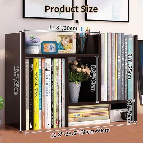 Desktop Shelf Organizer, Adjustable Wood Office Storage Rack, Counter Display Small Bookshelf for Home/Office/School(Dark Walnut)