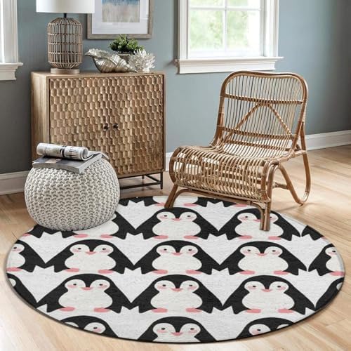 Circular Rugs Large Modern Round Area Rug Fashion Decor Mat for Home Office Animals Black and White Penguins Print