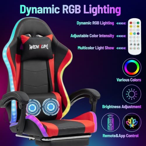 LED Lights Gaming Chair with Footrest, Black/Red