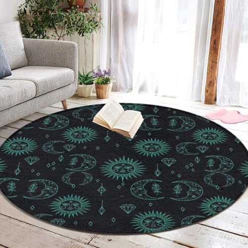 Large Machine Washable Circular Rugs, Home Decor Round Mat for Living Room Sofa Office Trippy Sun Moon Star, 24inch