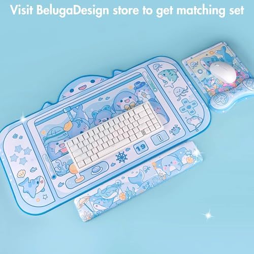 BelugaDesign Shark Desk Pad | Cute Pastel Large Mouse Pad | Cutecore Ocean Switch Anime Keyboard Gaming Mousepad | Machine Washable Nonslip Desk Blotter Protector for Kids Teens and Women (Blue White)