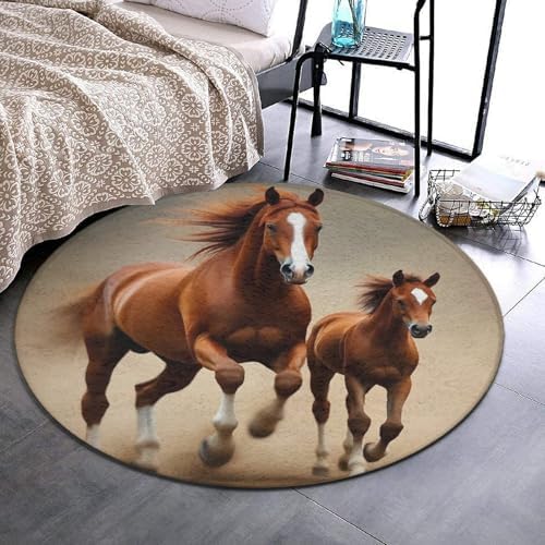 Large Home Decor Mat, Soft Round Yoga Carpet, Non Slip Machine Washable Kitchen Office Circle Rug Running Brown Horse