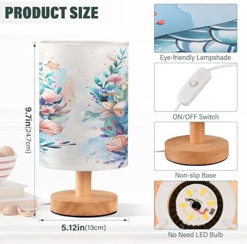 ALAZA Flower Mermaid Starfish Seashell Decor Bedside Table Lamp with USB Port for Bedroom Nightstand Office Desk LED Bulb Included