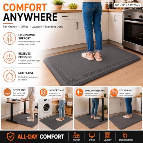 24 x 60 Inch Extra Support Anti Fatigue Comfort Kitchen Mat, Waterproof Long Kitchen Runner, Non-Slip Standing Desk Mat, Commercial Pads for Offices, Home, Garages (Bordeaux Grey, 24'' x 60'')