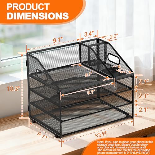 DocNest 4 Tier Metal Mesh Desk File Organizer with Phone Shelf, Black