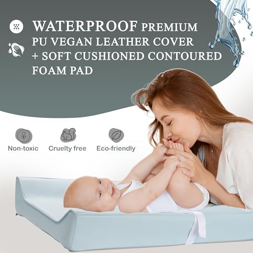 Vegan Leather Contoured Baby Changing Pad | Waterproof & Wipe-Clean PU Leather Diaper Change Mat, Soft, Wipeable Cover, Safety Strap, Non-Slip Bottom, Topper for Standard Infant Diaper Table & Dresser