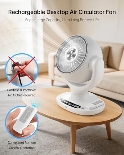 Aaoyun Cordless Desk Fan, 12000mAh Rechargeable Air Circulator with Remote, 3D Oscillating Table Fan, 8 Speeds Quiet DC Motor, 4-Level LED Light, Portable for Bedroom, Home, Office(D4)