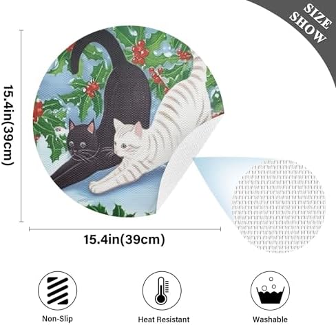 Round Placemats Cat Stretching Non-Slip Stain Heat Resistant Place Mats Washable Table Mats for Kitchen Dining Table Decor, Easy to Clean, Set of 6
