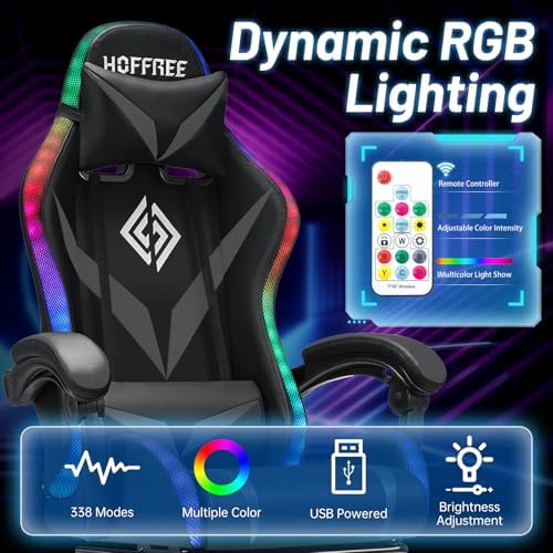 HOFFREE LED Gaming Chair with Speakers RGB Lights Computer Chairs-Grey