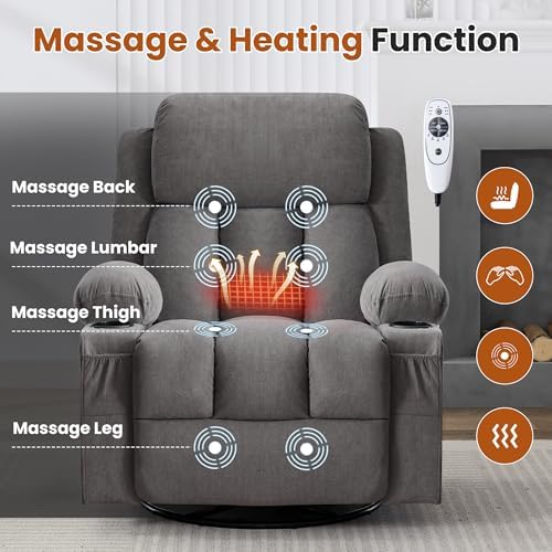 MAHOMICO Swivel Rocker Recliner Chair with Vibration Massage and Heat for Living Room,with Rocking Function and Side Pocket, USB Charge Port,2 Cup Holders