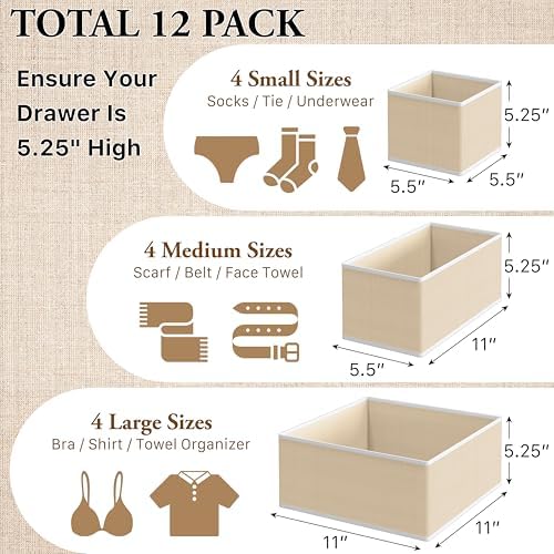 Simple Houseware Foldable Drawer Organizer Stocking Bin, Set of 12, Beige