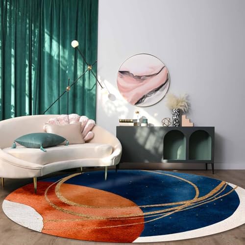 Navy Blue Burnt Orange Round Area Rugs, Boho Art Modern Geometric Non-Skid Children Playing Mat, 5ft Soft Circle Farmhouse Rugs for Living Room, Bedroom, Dining Room