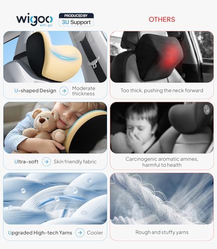 Wigoo Soft Car Neck Pillow with Adjustable Strap, Beige 2-Pack