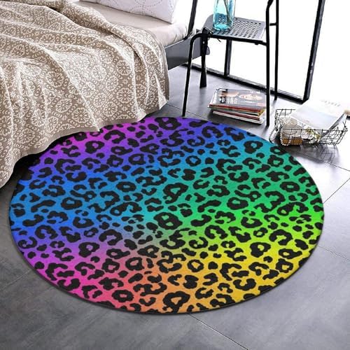 Men's Large Home Decor Mat, Soft Round Yoga Carpet, Non Slip Machine Washable Home Office Circle Rug Colorful Cheetah Leopard Animal Print Rainbow, 36inch