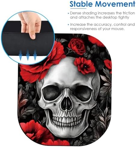 Small Mouse Pad，Mini Mouse Pad 6 x 7 Inch，for Laptop Keyboard Tray Wireless Mouse Home Office Travel，with Non-Slip Rubber Base, Waterproof Mouse Mat，Skull with Red Flowers