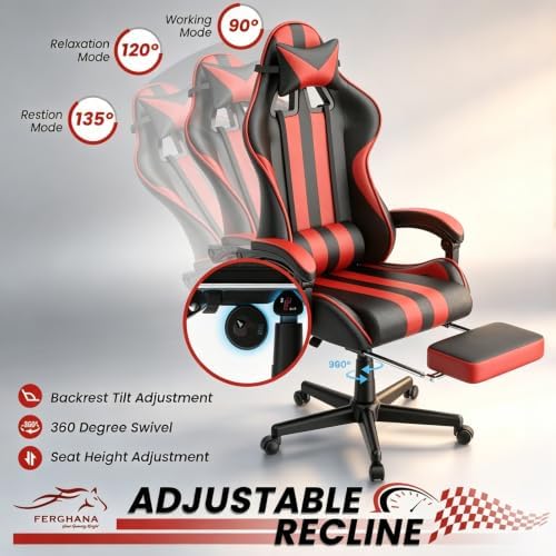 Ferghana Red Gaming Chair, Ergonomic Racing Style Computer Chair with Footrest, Adjustable Reclining, Lumbar and Head Support, PU Leather Gamer Chair