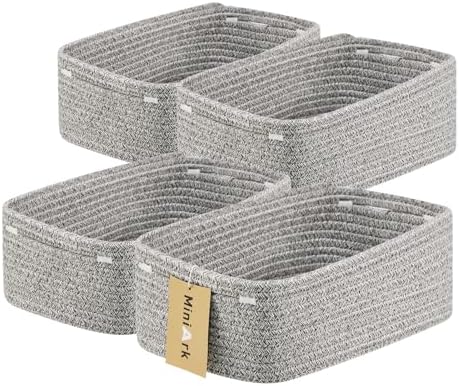 MiniArk Small Storage Baskets for Organizing | Closet Organizer Bins | Shelf Toy Basket | Woven Rope Baskets | Cube Decorative Box | Shallow Basket | 13x8.5x5.1” | 4 Packs Mixed Grey