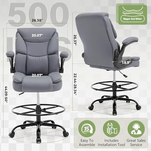 500LBS Drafting Chair, High Back Safer Standing Desk Chair, Executive Tall Office Chair with Flip-up Armrests, Upholstered PU Leather Task Chair, Ergonomic Seat with Adjustable Height&Foot Ring, Grey