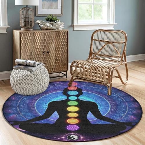 Large Home Decor Mat, Soft Round Yoga Carpet, Non-Slip Machine Washable Home Office Circle Rug Compatible with Nine Chakra Yoga Meditation Lotus Blue Mandala