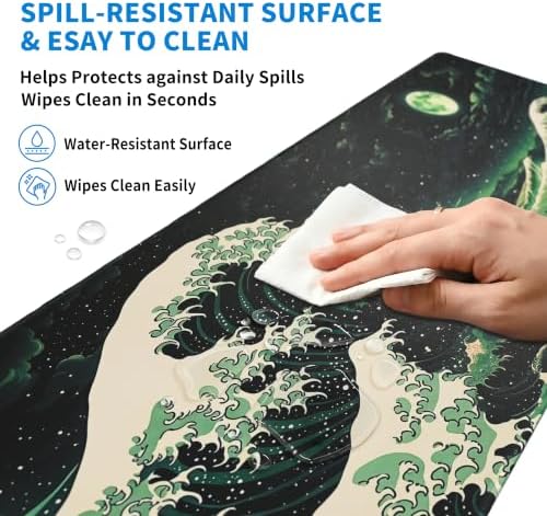 Extended Japanese Great Wave Desk Mat, XL Large Gaming Mouse Pad, Moonlit Ocean Stitched Edges Waterproof with Non-Slip Rubber Base for Computer Keyboard Laptop Work Home Office 31.5"x11.8"