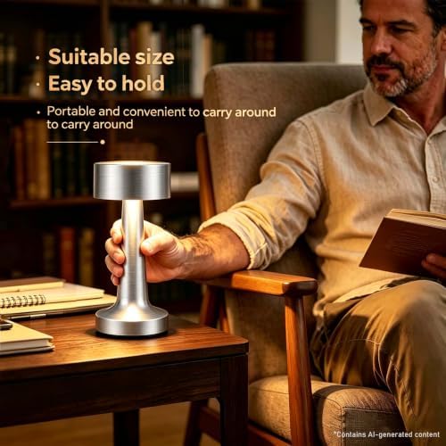 HPUFKOT Portable LED Table Lamp, 3-Levels Brightness Metal Desk Lamp,3 Color Touch Control Rechargeable Lamp, Ideal Bedside Lamp for Nightstand,Bedroom, Living Room (Silver)