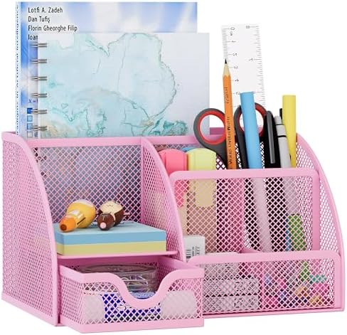 EasyPAG Mesh Desk Organizer with Drawer Multi-functional Pen Holder Stationery Organizer for Office School Supplies 6 Compartments Dorm Organizers and Storage for Desk, Light Pink