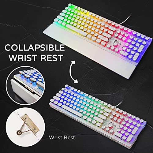 RK ROYAL KLUDGE S108 Typewriter Style Mechanical Gaming Keyboard with RGB Backlit, Wired PC Game Keyboard Full Size with Detachable Wrist Rest and Number Pad, Retro Round Keycaps, Red Switches White