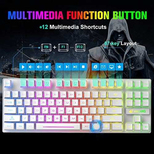 Wireless Membrane Gaming Keyboard and Mouse Set with 87Key Tenkeyless-White