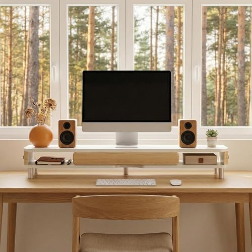 Fenge Dual Monitor Stand with Large Storage Drawer, 42.5" Desk Shelf, White