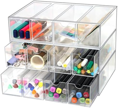 ZEXALOR Clear Desk Organizer Storage with 12 Drawers, Desktop Organizers, Bathroom Office Supplies, Plastic Storage Drawer for Makeup, Jewelry, Pen, Stationary, Hair Accessories, Sunglass (12-Drawer)