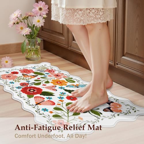 Arenarug Scalloped Kitchen Mats for Floor Cushioned Anti Fatigue Kitchen Mats Rugs Waterproof Non Slip Farmhouse Boho Floral Comfort Foam Standing Mat for Sink Laundry, White, 17.3x30