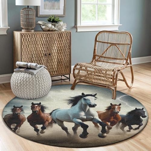 Soft Round Yoga Carpet, Office Chair Decor Round Mat for Carpet and Hardwood Floors Running Horse