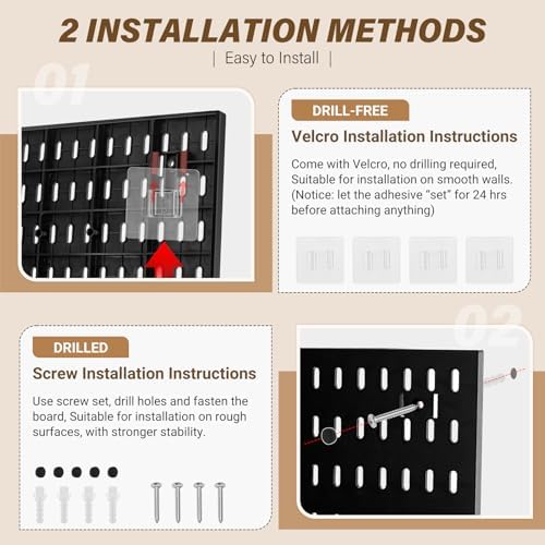 AKTOP Modular Plastic Peg Board Wall Organizer, 4 Pack, 12"x12", Black