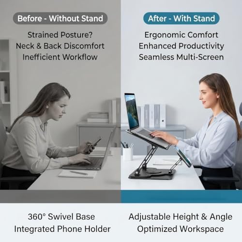 Laptop Stand for Desk,Laptop Riser with Phone Holder& 360° Rotating Base
