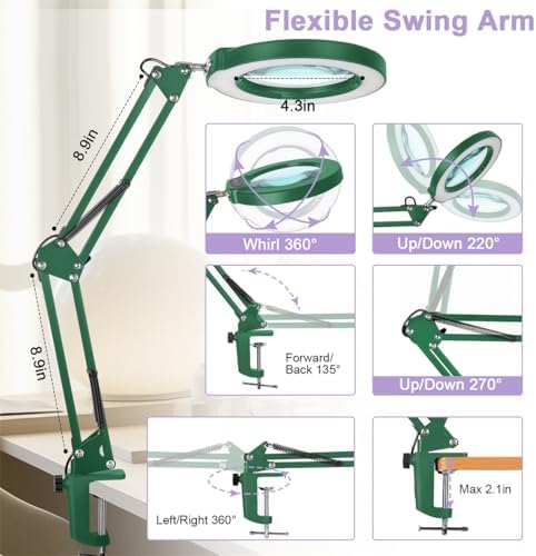 12X Magnifying Glass with Light and Clamp, Real Glass Lens Lighted Magnifier with Stand, 5 Color Modes LED Dimmable Magnifying Desk Lamp Hands Free for Crafts Painting Sewing Close Work - Green