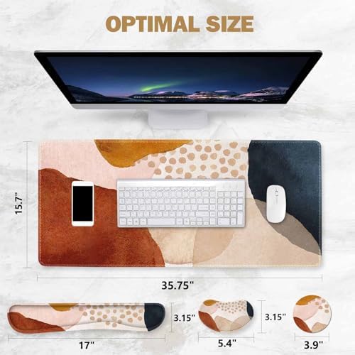 ToLuLu Extended Gaming Mouse Pad, Memory Foam Ergonomic Keyboard Mouse Wrist Rest Support Set, Large Desk Mat with Stitched Edges, Non-Slip Base Mousepad for Home Office and Game, Brown Boho Art