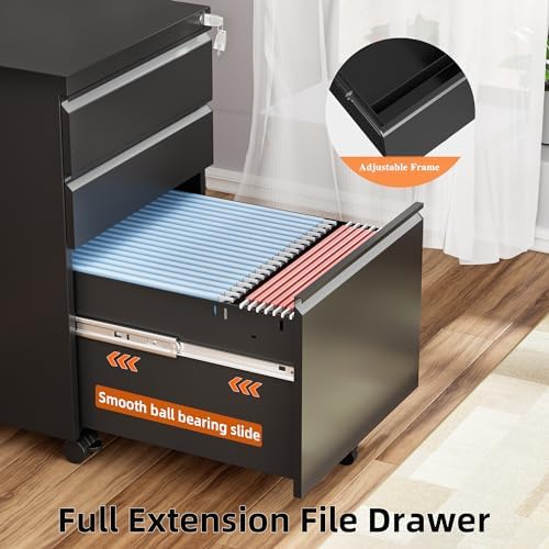 INTERGREAT 3 Drawer File Cabinet, Metal Filling Cabinets with Lock, Locking Office Mobile Cabinet with Wheels for Legal/Letter Size, Under Desk, Assembled Required, Black