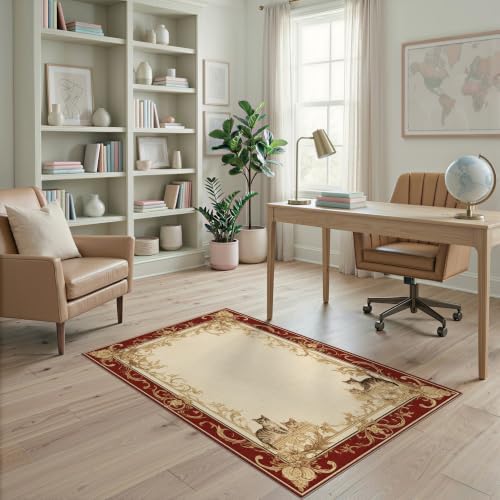 4'x6' Ivory Cat Crimson Motif with Swirls Washable Area Rug