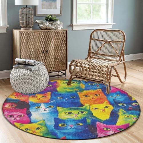Highly Premium Quality Floor Mat, Office Chair Decor Mat, Room Sofa Yoga Soft Round Carpet Colorful Cats Art, 60inch