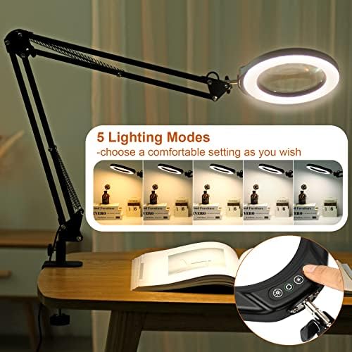 VEEMAGNI 5 Inch Large Magnifying Glass with Light and Stand, 5 Color Modes Stepless Dimmable, 2*16 Inch Swivel Arm LED Clamp Desk Lamp, Hands Free 15X Lighted Magnifier for Close Work Crafts Soldering