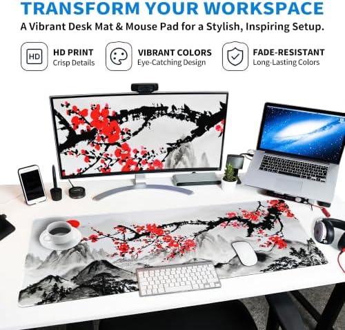 Extended Sakura Zen Desk Mat, XXL Large Gaming Mouse Pad, Japanese Cherry Blossom Stitched Edges Waterproof with Non-Slip Rubber Basefor Computer Keyboard Laptop Work Home Office 35.4"x15.7"