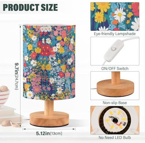 ALAZA Meadow Blossom Flower Decor Bedside Table Lamp with USB Port for Bedroom Nightstand Office Desk LED Bulb Included