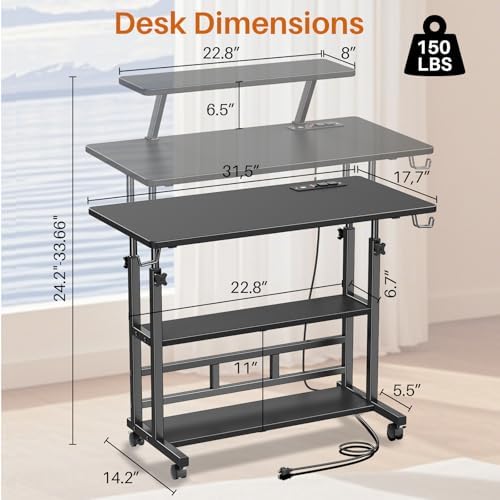 Adjustable Height Standing Desk with Power Outlets, Rolling Stand Up Desk with Monitor Stand and Storage Shelves, 31.5" Small Mobile Computer Desk, Portable Laptop Table (Black with Monitor Stand)