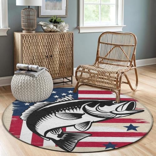 Large Home Decor Mat, Soft Round Yoga Carpet, Non Slip Machine Washable Home Office Circle Rug American Flag Camo Fish