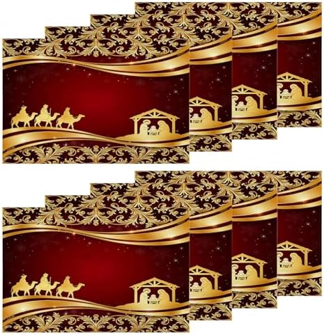 Shrahala Christian Christmas Golden Floral Set of 8 12 X 18 Inch Linen Placemats, Christmas Wise Men Golden Star Bethlehem Burlap Table Mat Washable Double Layered Heat Insulation for Indoor/Outdoor