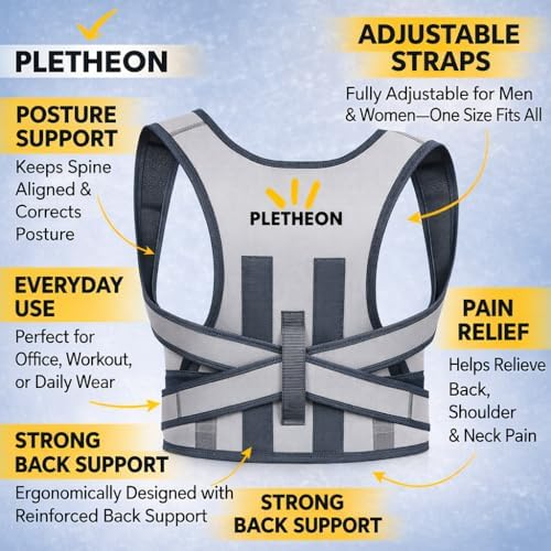 Posture Corrector for Men & Women by Plethon – Adjustable Back Brace, Clavicle Support & Upper Back Straightener for Better Sitting and Standing Posture, Fits 30–46 Inch Waist (Gray)